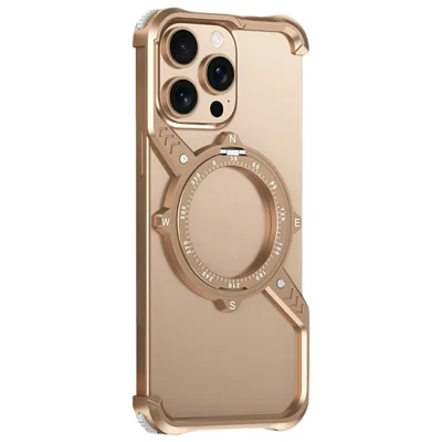 For iPhone 15 Pro Magnetic Case with Kickstand Four Corner Airbag Heat Dissipation Metal Phone Cover - Desert Gold
