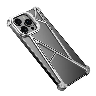 For iPhone 15 Pro Max Bumper Case Four Corner Airbag Kickstand Boardless A-Shape Metal Phone Cover - Silver