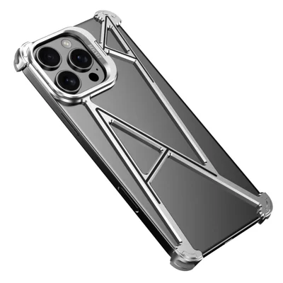 For iPhone 16 Pro Bumper Case Four Corner Airbag Kickstand Boardless A-Shape Metal Phone Cover - Silver