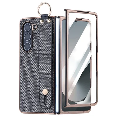 For Samsung Galaxy Z Fold5 5G Case Electroplating Glitter PC Phone Cover with Screen Film Strap Kickstand Ring Holder - Black