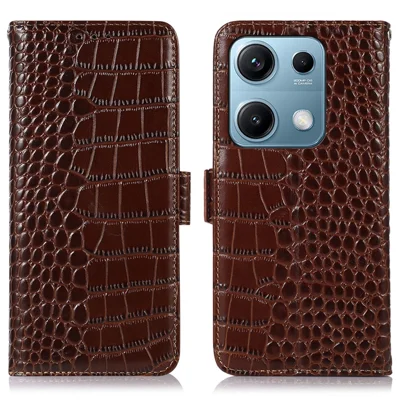 For Xiaomi Redmi Note 14S 4G Case Crocodile Texture Genuine Cow Leather Phone Wallet Cover - Brown