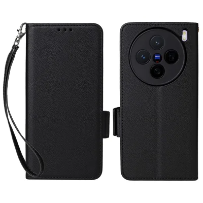 For vivo X200s 5G Leather Case with Wrist Strap Litchi Texture Wallet Phone Cover - Black