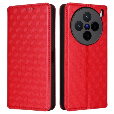 Leather Case for vivo X200s 5G Wallet Rhombus Imprinted Phone Cover - Red