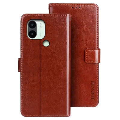 Custodia Per Telefono Testurizzata da Idewei Crazy Horse Per Xiaomi Redmi A1+ 4G, Supporto Per il Portafoglio a Flip di Chiusura Magnetica Con Shell Antispruzzo PU - Marrone