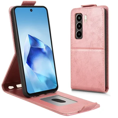 For itel Power 70 4G Stand Case Magnetic Clasp Vertical Flip Leather Phone Cover with Card Holder - Rose Gold