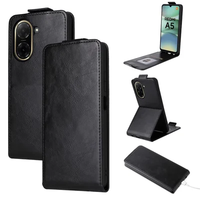 For Xiaomi Redmi A5 NFC (EU) (173.45mm) Stand Case Magnetic Clasp Vertical Flip Leather Phone Cover with Card Holder - Black