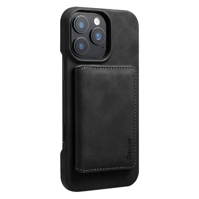 DENIOR D27 For iPhone 16 Pro Magnetic Case RFID Blocking Retro Leather Back Cover with Detachable Card Holder - Black