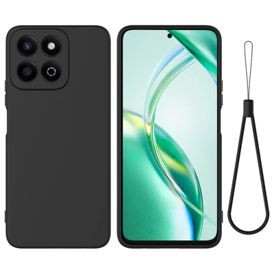 For Honor X6b 5G  /  Play 60 Plus 5G Liquid Silicone Case Phone Back Cover with Hand Strap - Black