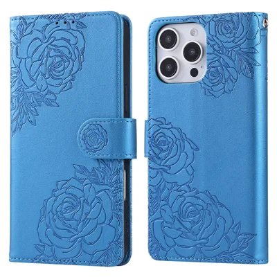 For iPhone 13 Pro Max Case Rose Flower PU Leather Wallet Phone Cover with 3 Card Slots - Blue