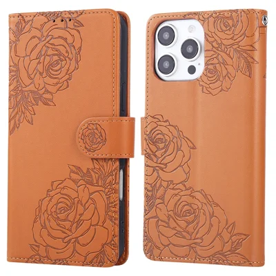 For iPhone 15 Pro Max Case Rose Flower PU Leather Wallet Phone Cover with 3 Card Slot - Brown