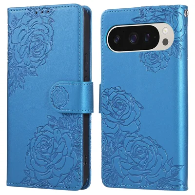 For Google Pixel 9 Pro XL Case Rose Flower PU Leather Wallet Phone Cover with 3 Card Slot - Blue
