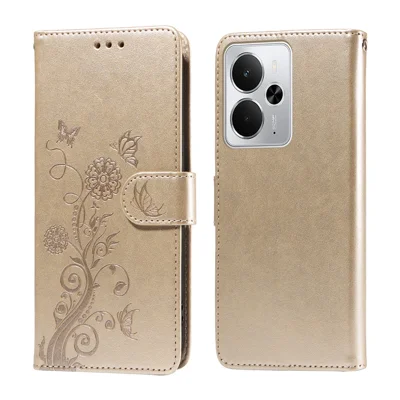 For Realme 14 5G Leather Case Butterfly Floral Imprint Wallet Stand Cover - Golden