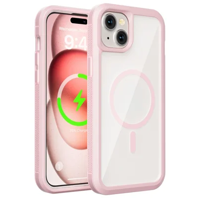 For iPhone 15 Plus Magnetic Case Translucent Detachable 2 in 1 TPU + PC Shockproof Phone Cover - Pink