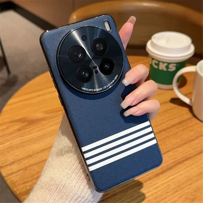 For vivo X200 Pro 5G Case Cloth Texture Four Line Design Electroplating PC + PU Phone Back Cover - Blue