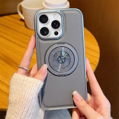 For iPhone 15 Pro Max Magnetic Case Rotating Kickstand Gear Stress Relief Leather Phone Back Cover - Grey
