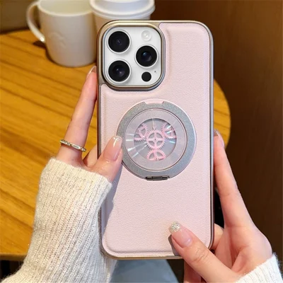 For iPhone 14 Pro Max Magnetic Case Rotating Kickstand Gear Stress Relief Leather Phone Back Cover - Pink