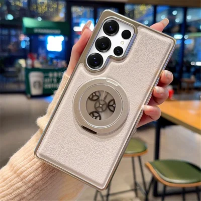 For Samsung Galaxy S25 Ultra Magnetic Case Rotating Kickstand Gear Stress Relief Leather Phone Back Cover - White