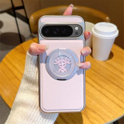 For Google Pixel 9 Pro XL Magnetic Case Rotating Kickstand Gear Stress Relief Leather Phone Back Cover - Pink