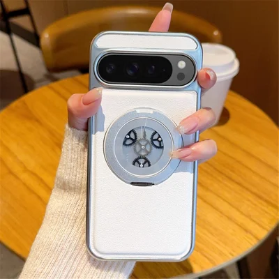 For Google Pixel 9 Pro XL Magnetic Case Rotating Kickstand Gear Stress Relief Leather Phone Back Cover - White