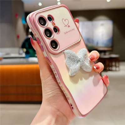 For Samsung Galaxy S25 Ultra Case Wave Edge Bow Decorated Soft TPU Phone Back Cover with Heart Pattern - Pink