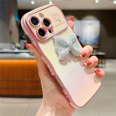 For iPhone 16 Pro Max Case Wave Edge Bow Decorated Soft TPU Phone Back Cover with Heart Pattern - Pink