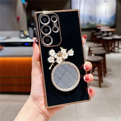 For Samsung Galaxy S25 Ultra Case with Plum Blossom Mirror Electroplating Edge Heart Pattern TPU Phone Cover - Black