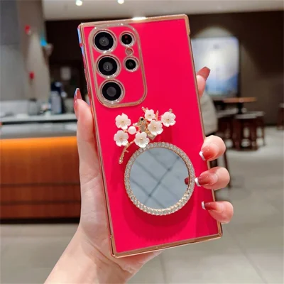 For Samsung Galaxy S24 Ultra Case with Plum Blossom Mirror Electroplating Edge Heart Pattern TPU Phone Cover - Rose