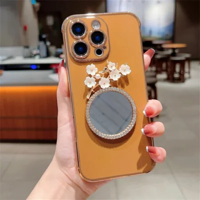 For iPhone 16 Pro Max Case with Plum Blossom Mirror Electroplating Edge Heart Pattern TPU Phone Cover - Desert Gold