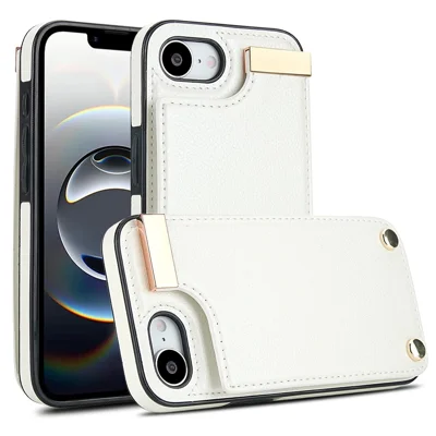 For iPhone 17e / 16e Case TPU + PU Leather Hardware Decor Phone Cover with Card Holder - White