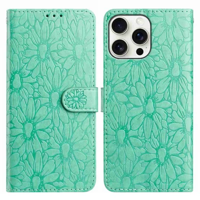 For iPhone 15 Pro Max Leather Case Daisy Imprint Wallet Stand Phone Protective Cover - Green
