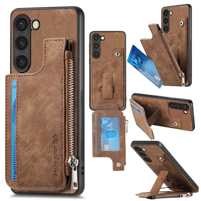 For Samsung Galaxy S23 Case Zipper Card Holder Kickstand Leather + PC + TPU Phone Cover - Brown