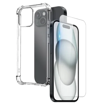 NORTHJO For iPhone 15 Plus Clear Phone Case Four Corner Shockproof TPU Cover with Tempered Glass