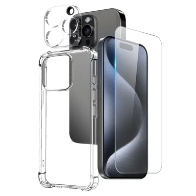 NORTHJO For iPhone 15 Pro Clear Case Shockproof TPU Cover with Tempered Glass and Camera Lens Film