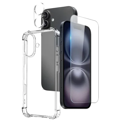 NORTHJO For iPhone 16 Clear Case Shockproof TPU Cover with Tempered Glass and Camera Lens Film