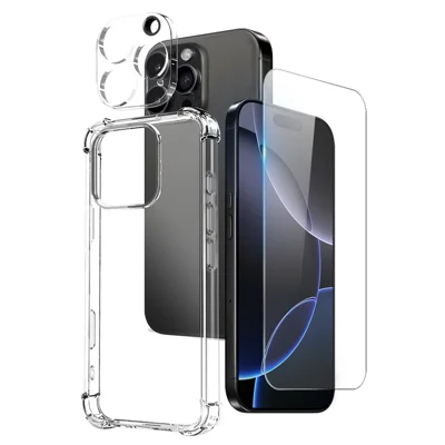 NORTHJO For iPhone 16 Pro Clear Case Shockproof TPU Cover with Tempered Glass and Camera Lens Film