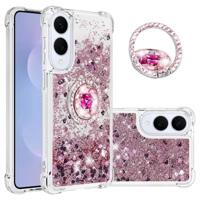 For Samsung Galaxy S25 Edge TPU Case with Kickstand Quicksand Shockproof Cover - Rose Gold / Hearts
