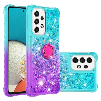 For Samsung Galaxy A53 5G TPU Case with Kickstand Gradiant Quicksand Shockproof Cover - Sky Blue+Purple