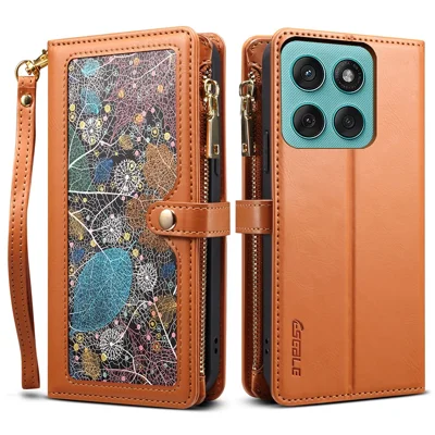 ESEBLE Galaxy Series For Motorola Moto G Stylus 5G (2025) / Edge 60 Stylus 5G Case RFID Blocking Leather Zipper Phone Cover with 2 Straps - Brown