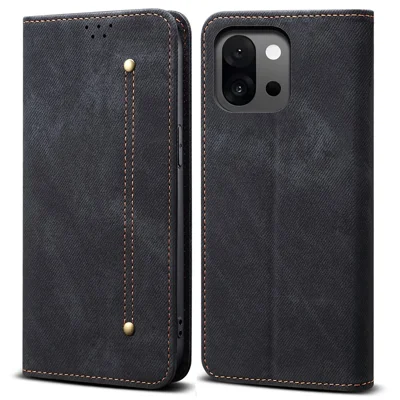 For OnePlus 13T 5G Case Jeans Cloth Texture Anti-Scratch Leather Stand Phone Cover - Black