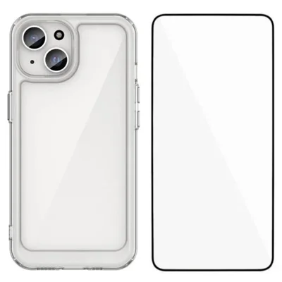 WANLONFENG For iPhone 12 6.1 inch Case  MF Series TPU Acrylic Clear Phone Cover with Tempered Glass Film - Transparent