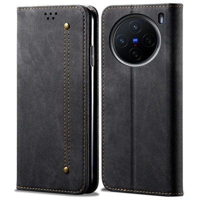 For vivo X200s 5G Case Jeans Cloth Texture Anti-Scratch Leather Stand Phone Cover - Black