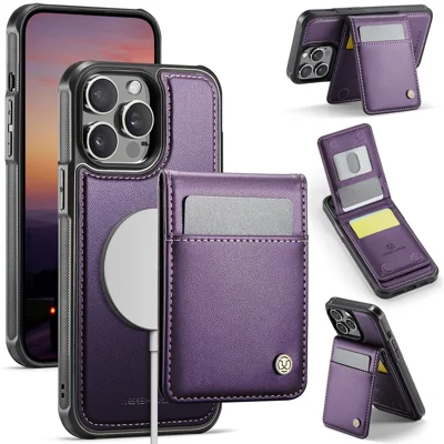 JEEHOOD For iPhone 14 Pro Leather Back Cover Compatible with MagSafe  J06 Phone Case with Card Bag RFID Blocking - Purple