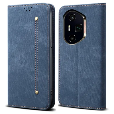 For Honor 400 Pro 5G (Global) Case Jeans Cloth Texture Anti-Scratch Leather Stand Phone Cover - Blue