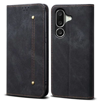 For Samsung Galaxy M56 5G Case Jeans Cloth Texture Anti-Scratch Leather Stand Phone Cover - Black