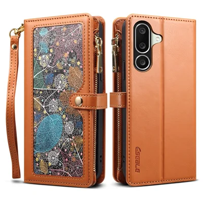 ESEBLE Galaxy Series For Samsung Galaxy M56 5G Case RFID Blocking Leather Zipper Phone Cover with Shoulder Strap + Wrist Strap - Brown