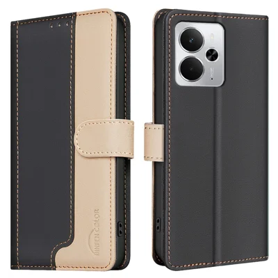 BINFEN COLOR BF33 For Realme 14 5G Leather Case Splicing Color RFID Blocking Wallet Stand Phone Cover - Black