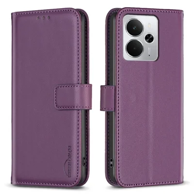 BINFEN COLOR BF17 For Realme 14 5G Case Wallet Folio Flip Leather Cover - Dark Purple
