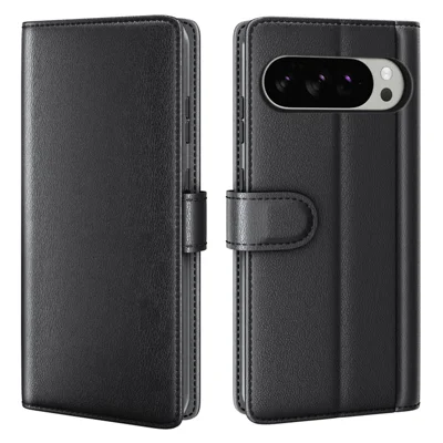 For Google Pixel 10 Pro XL Case Genuine Split Leather Phone Cover with Wallet Stand - Black