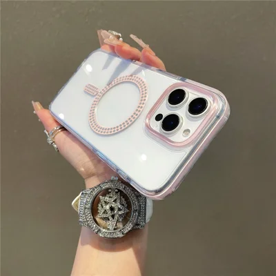 For iPhone 15 Pro Max Case Compatible with MagSafe Rhinestone Decor TPU + PC Phone Cover - Pink