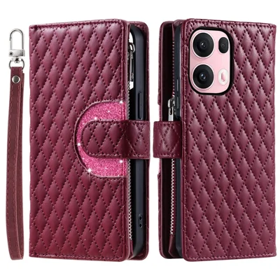 Style 012 för Oppo Reno13 Pro 5G fodral med fack med blixtlås, glitterludet läderhölse - Vinröd